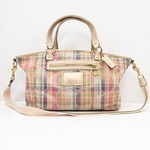 Coach Poppy Daisy Signature Madras Plaid Print Pink Rocker 2-Way Tote Bag Gold